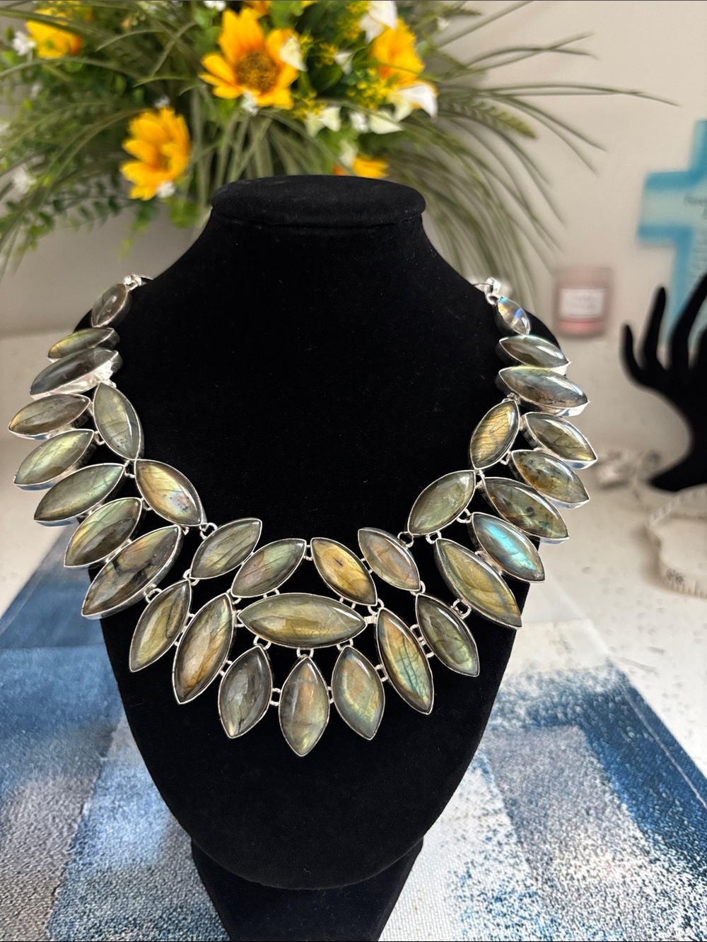 Sterling Silver Plated Labradorite Marquise Statement Necklace